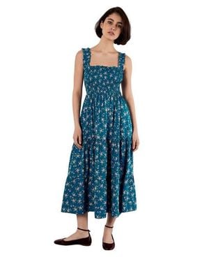 Apricot Orchid Smock Tiered Midi Dress - Blue