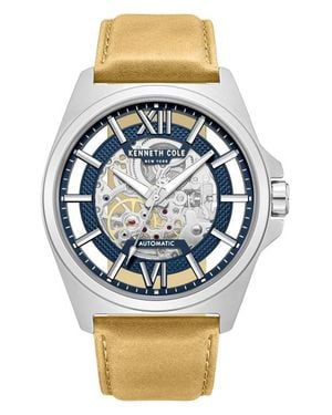 Kenneth Cole Skeleton Automatic Tan Leather Strap Watch, 44Mm - Gray