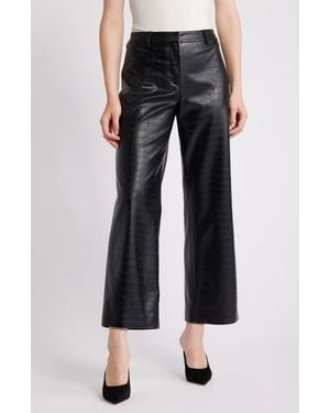 Kobi Halperin Croc Embossed Faux Leather Crop Wide Leg Pants - Black
