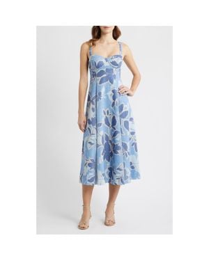 Moon River Floral Empire Waist A-Line Midi Dress - Blue