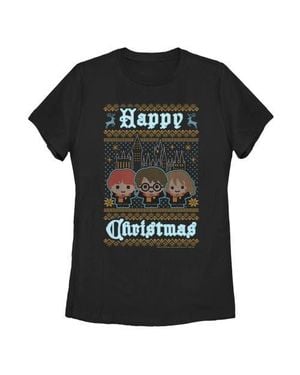 Harry Potter Happy Christmas Ugly Sweater Print Graphic T-Shirt - Black