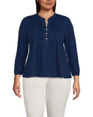 Lands' End Plus Size Lightweight Jersey Button Pintuck Top - Blue