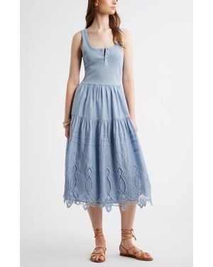 Treasure & Bond Embroidered Mixed Media Henley Tank Dress - Blue