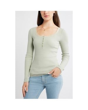 BP. Lace Trim Cotton Blend Rib Henley - Green