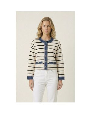 Modenaire Striped Knit Denim Trim Cardigan - White
