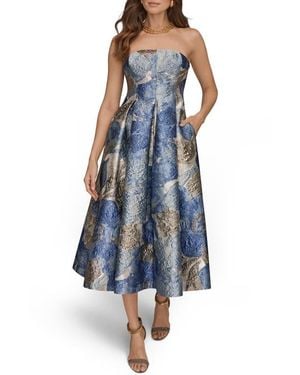 Donna Karan Floral Strapless Fit & Flare Midi Cocktail Dress - Blue