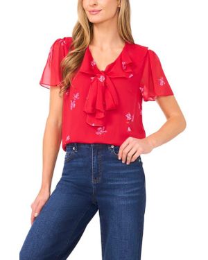 Cece Floral Tie Neck Top - Red