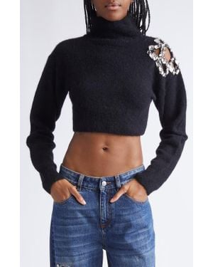 Area Crystal Cluster Flower Crop Alpaca & Wool Blend Sweater - Black