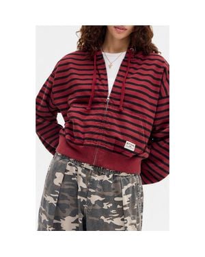 BDG Easy Stripe Crop Zip Hoodie - Red