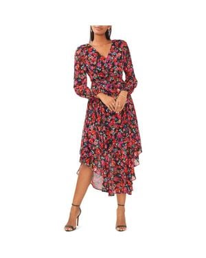 Chaus Floral Button Front Tie Waist Dress - Red