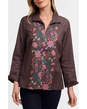 Foxcroft Agnes Floral Stripe Cotton Poplin Popover Top - Red