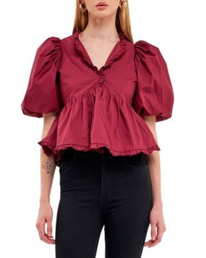 Endless Rose Ruffle Trim Puff Sleeve Peplum Cotton Top - Red