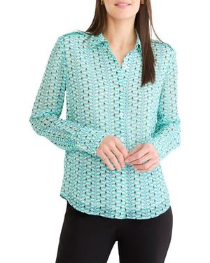 NIC+ZOE Geo Steps Relaxed Fit Chiffon Button-Up Shirt - Green