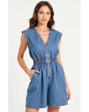 Modenaire Denim Cap Sleeve Smocked Waist Front Zip Closure Romper - Blue