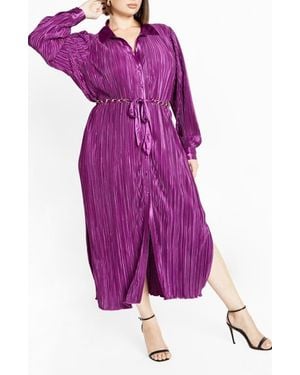 City Chic Andi Long Sleeve Plissé Maxi Shirtdress - Purple
