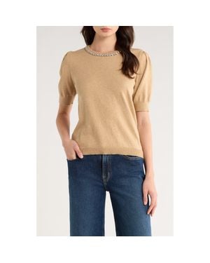 Cece Embellished Collar Short Sleeve Cotton Sweater - Brown
