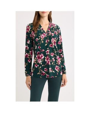 Anne Klein Printed Notched V-Neck Long Sleeve Top - Black