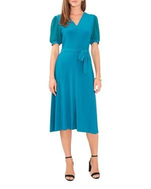 Chaus Clip Dot Chiffon Sleeve Belted Dress - Blue