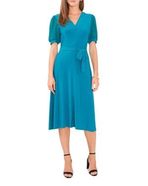 Chaus Clip Dot Chiffon Sleeve Belted Dress - Blue