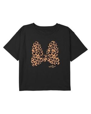 Mickey & Friends Girl's Leopard Animal Print Minnie Mouse Bow Graphic T-Shirt - Black