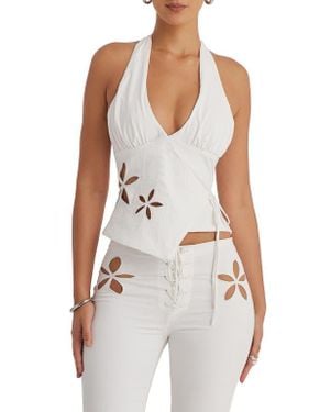 Mistress Rocks Wrap Floral Cutout Halter Top - White