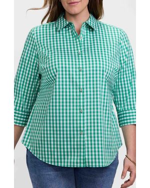 Foxcroft Margie Gingham Three-Quarter Sleeve Button-Up Shirt - Green