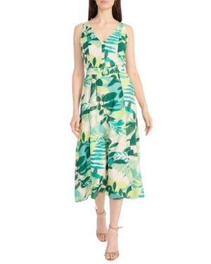 Maggy London Botanical Print Belted A-Line Dress - Green