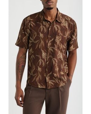 Open Edit Sketched Leaves Print Relaxed Short Sleeve Button-Up Shirt - Brown