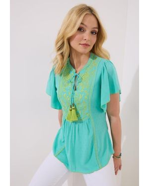 Joe Browns Embroidered Flutter Sleeve Top - Green
