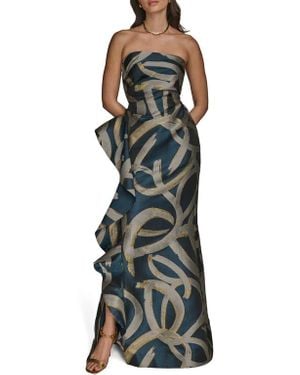 Donna Karan Ruffle Strapless Metallic Jacquard Trumpet Gown - Green