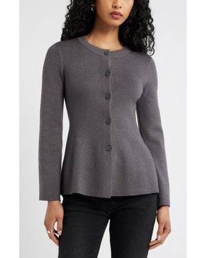 Open Edit Button Front Peplum Cardigan - Gray
