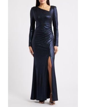 Eliza J Ruched Asymmetric Neck Long Sleeve Maxi Dress - Blue