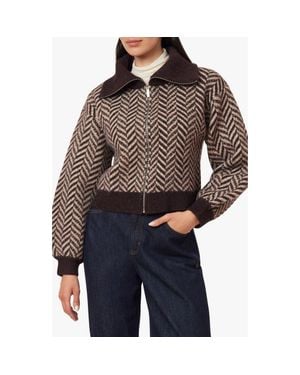 Habitual Herringbone Zip Front Cardigan - Brown
