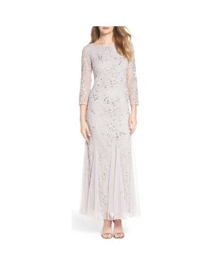 Pisarro Nights Illusion Sleeve Beaded A-Line Gown - Metallic
