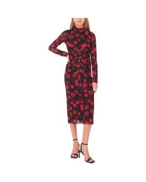 1.STATE Print Long Sleeve Mesh Midi Dress - Red