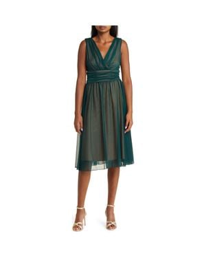 Connected Apparel Chiffon Overlay Fit & Flare Dress - Green