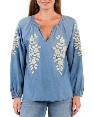 Billy T Boho Jo Floral Embroidered Popover Top - Blue