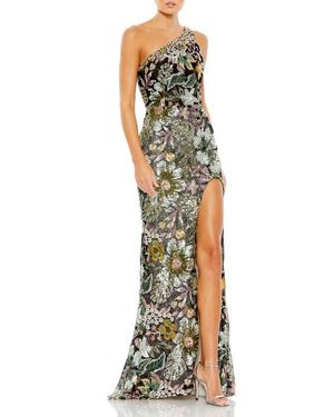 Mac Duggal Embellished Floral One Shoulder Gown - Metallic