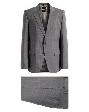 BOSS Huge Slim Fit Windowpane Check Virgin Wool Suit - Gray