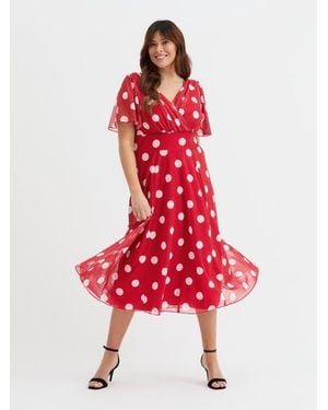 Scarlett & Jo Victoria Spot Angel Sleeve Midi Dress - Red