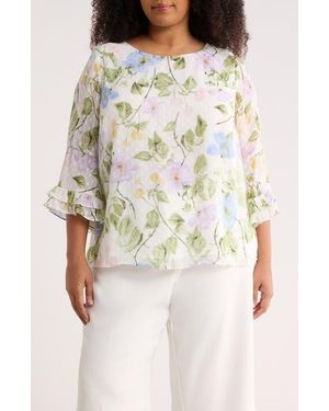 Kasper Floral Print Ruffle Sleeve Shirt - White