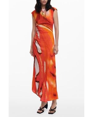 Desigual Cap Sleeve Ruched Maxi Dress - Red