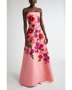 Carolina Herrera Floral Embroidered Strapless Silk Gown - Pink
