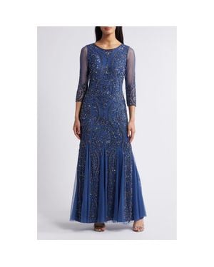 Pisarro Nights Sequin Beaded Illusion Mesh Three-Quarter Sleeve Gown - Blue