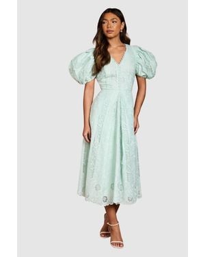 Coast Lace Puff-Sleeve V-Neck Midi Dress - Blue