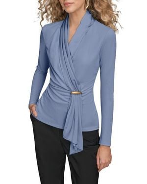 Donna Karan Wrap Front Long Sleeve Top - Blue