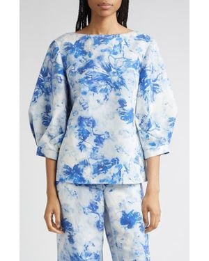 Lafayette 148 New York Floral Balloon Sleeve Silk & Linen Blouse - Blue