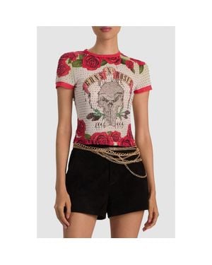 Alice + Olivia Tess Crystal Embellished Graphic T-Shirt - Black