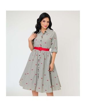 Unique Vintage Long Sleeve Belted Shirt Dress - Gray