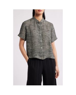 Eileen Fisher Short Sleeve Organic Linen Blend Button-Up Shirt - Gray